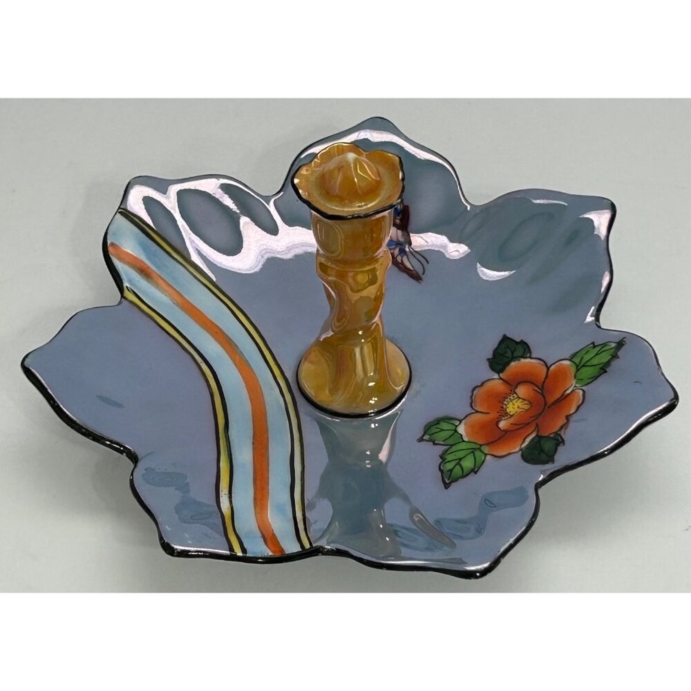 Lusterware Art Deco Noritake Blue Floral Butterfly Ring Trinket Tidbit Soap Dish - Picture 2 of 13